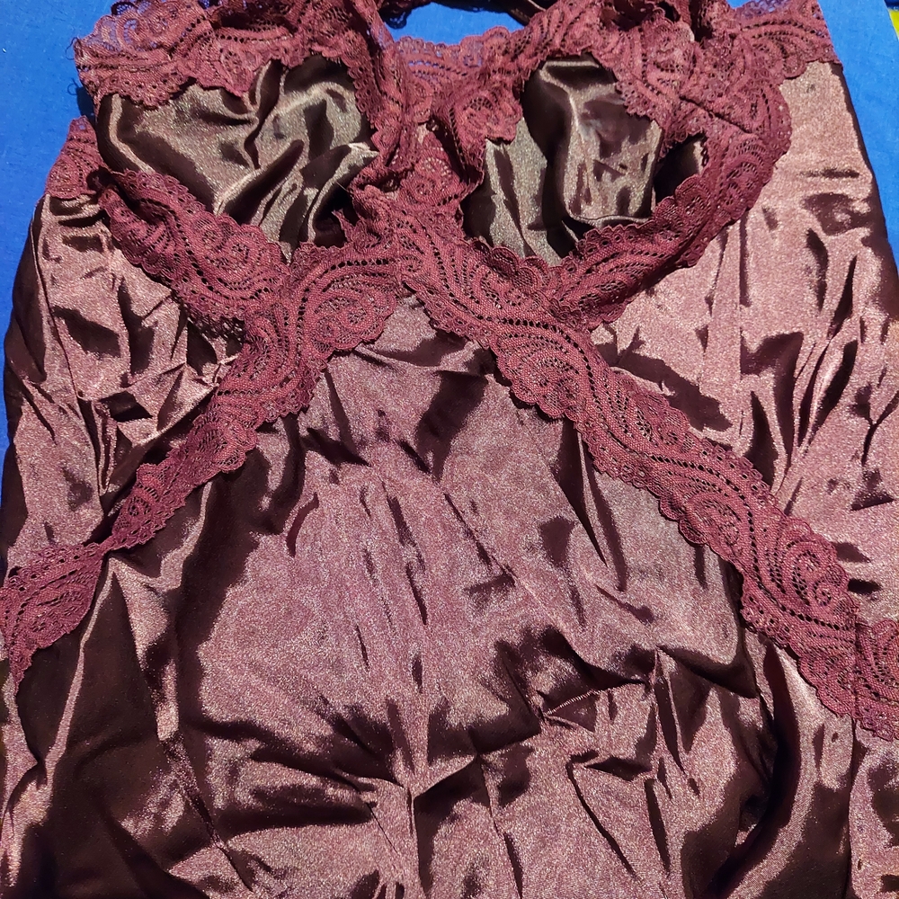 Elegant Burgundy Lace Chemise Satin Dress